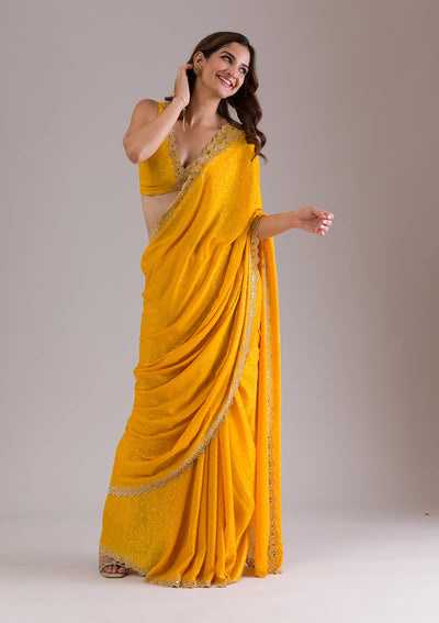 Mustard Stonework Semi Crepe Saree-Koskii