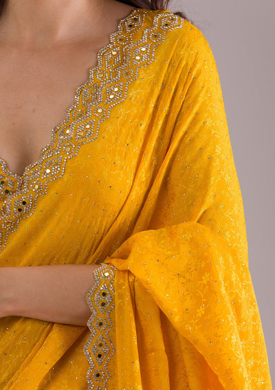 Mustard Stonework Semi Crepe Saree-Koskii