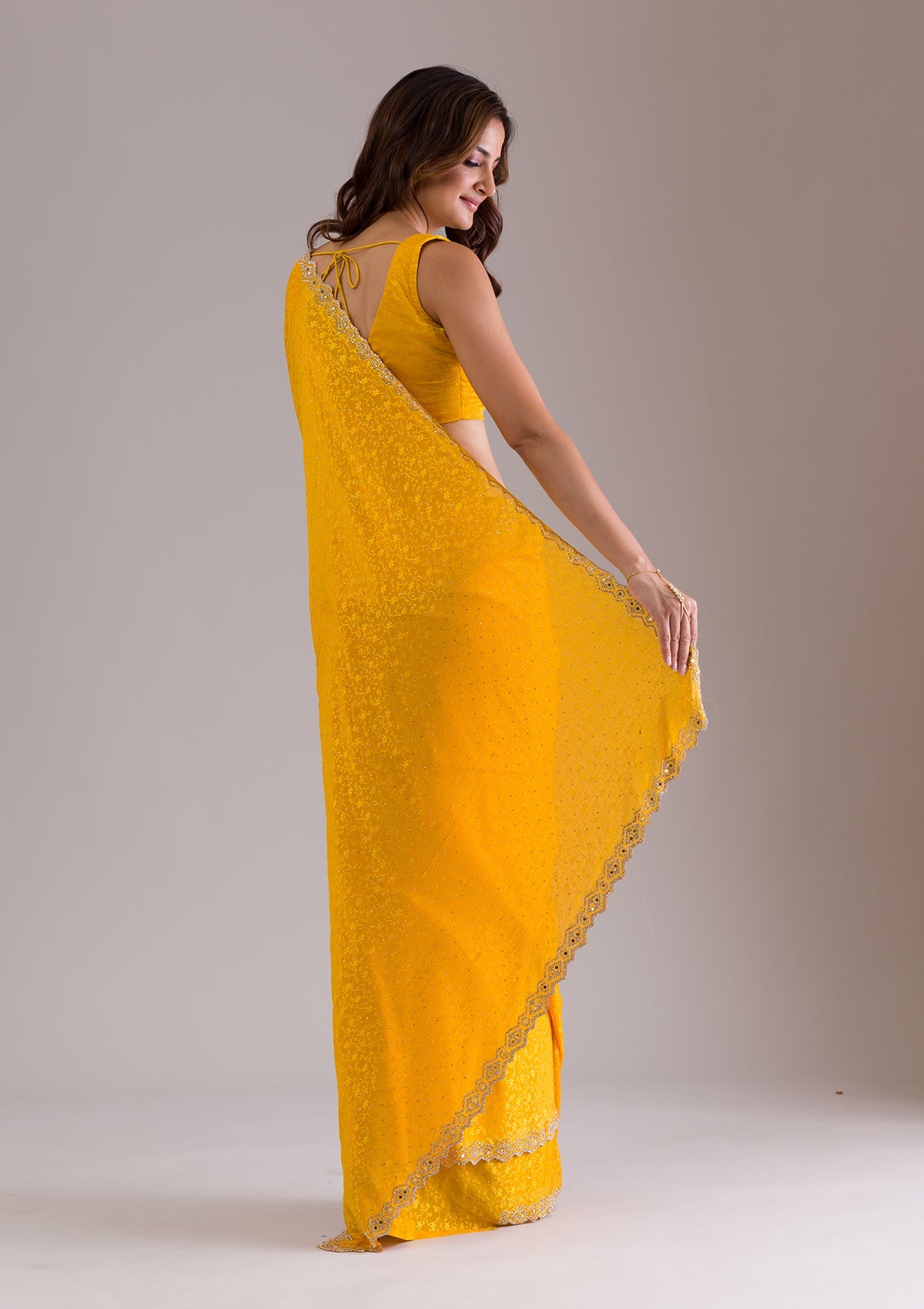 Mustard Stonework Semi Crepe Saree-Koskii