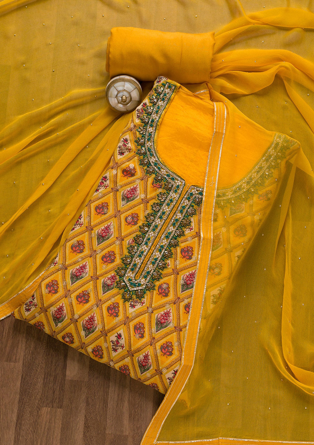 Mustard Stonework Tissue Unstitched Salwar Suit-Koskii