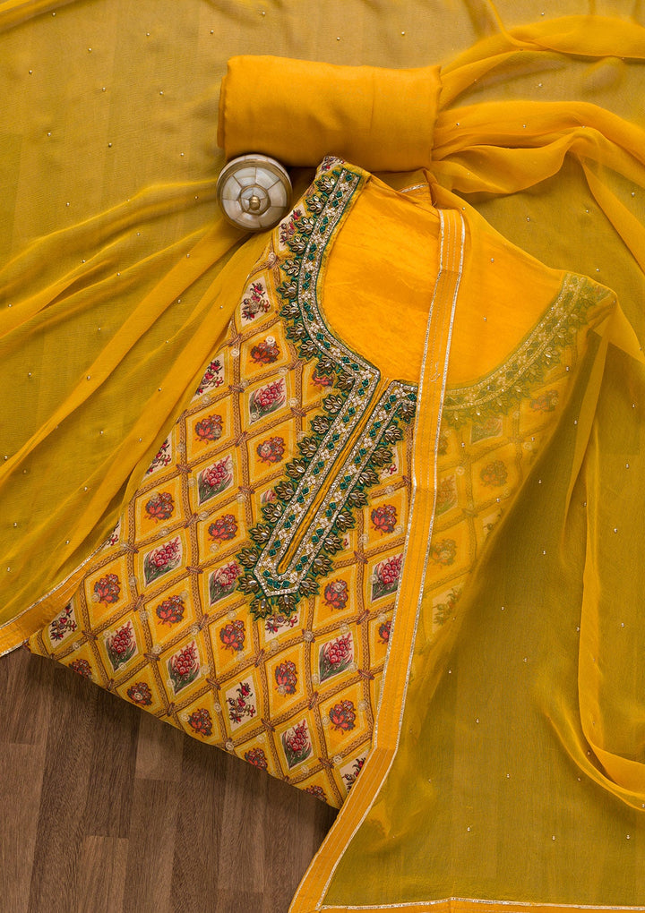 Mustard Stonework Tissue Unstitched Salwar Suit-Koskii