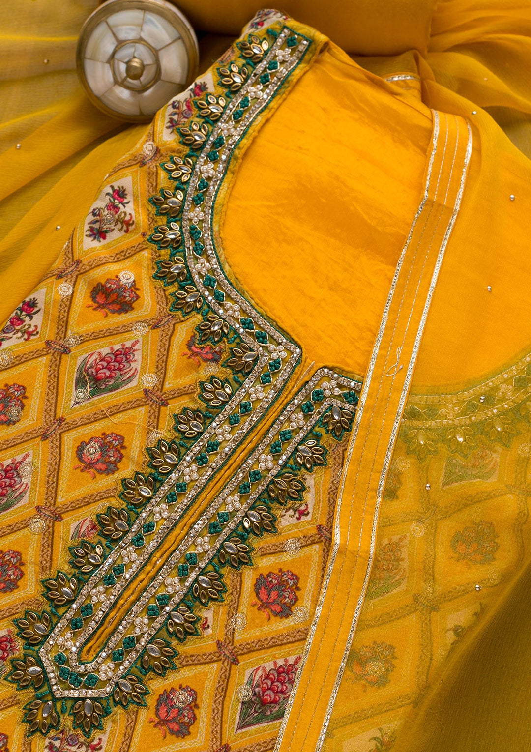 Mustard Stonework Tissue Unstitched Salwar Suit-Koskii