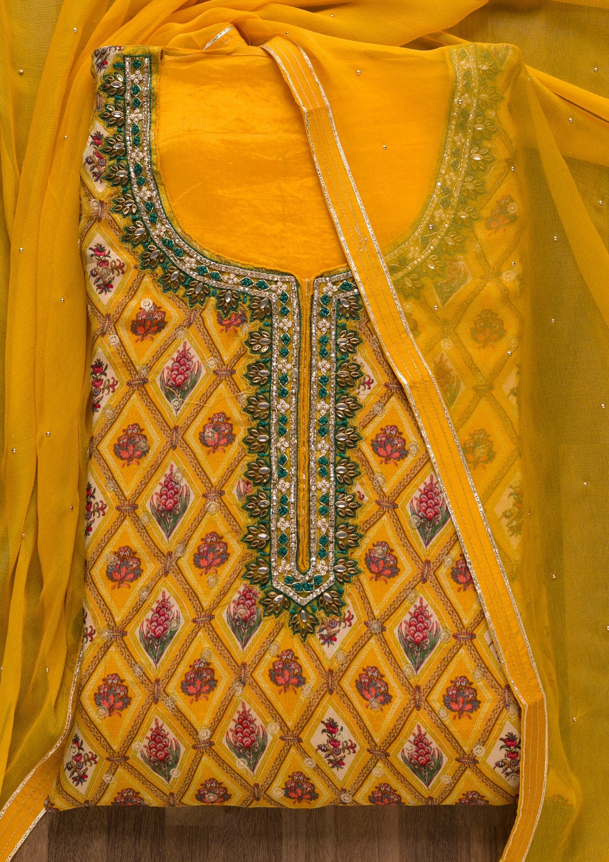 Mustard Stonework Tissue Unstitched Salwar Suit-Koskii