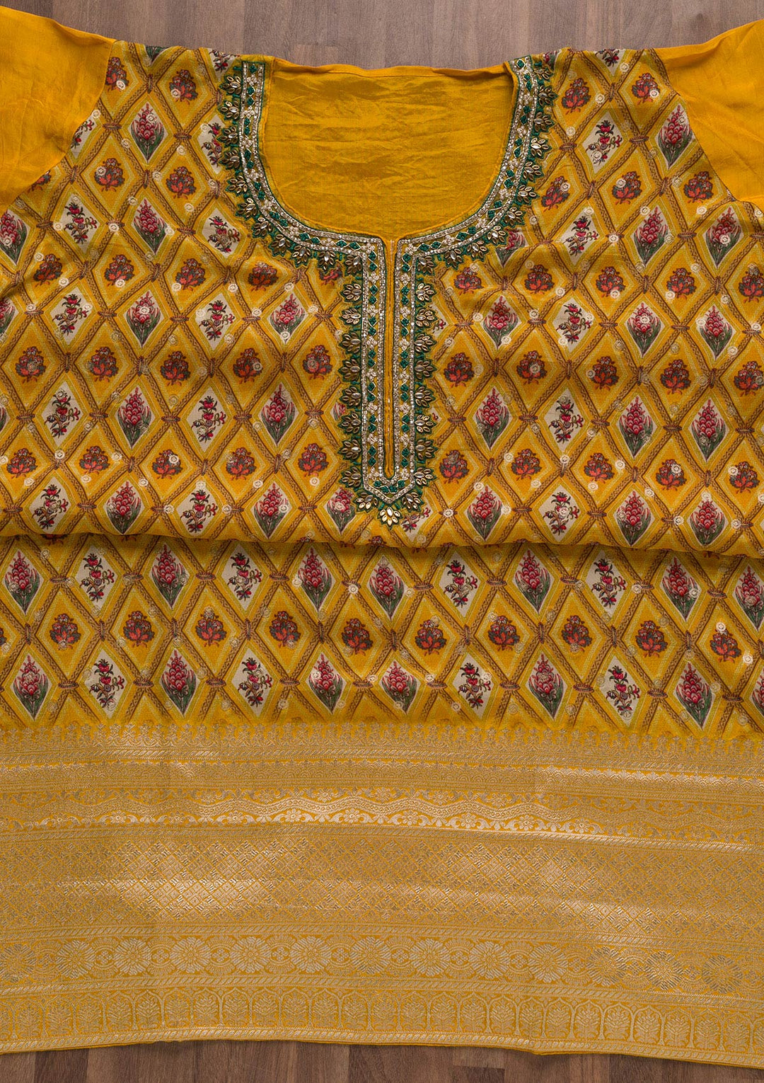 Mustard Stonework Tissue Unstitched Salwar Suit-Koskii