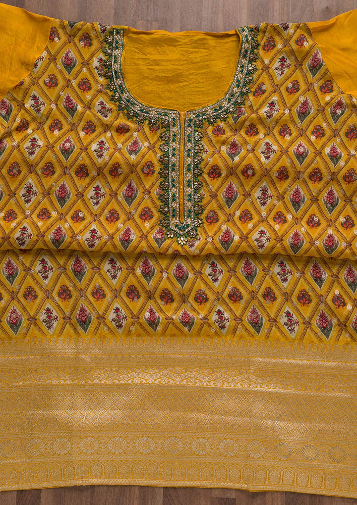 Mustard Stonework Tissue Unstitched Salwar Suit-Koskii
