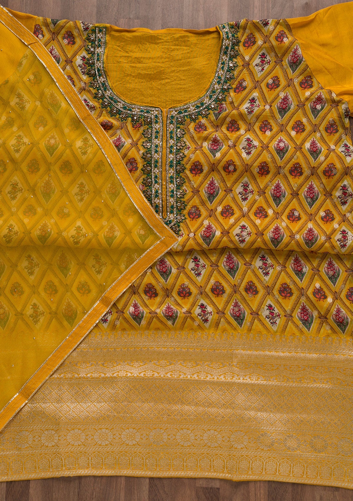 Mustard Stonework Tissue Unstitched Salwar Suit-Koskii