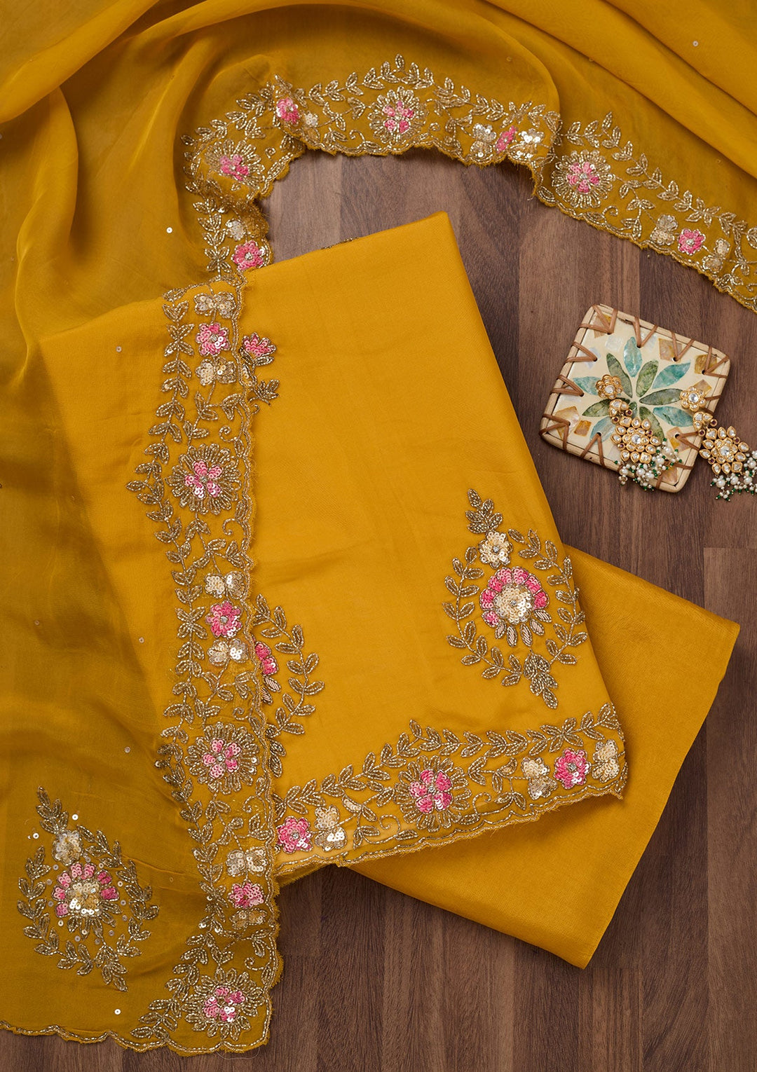 Mustard Stonework Tissue Unstitched Salwar Suit-Koskii