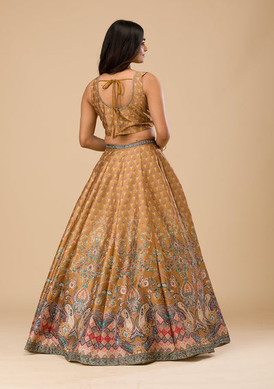 Mustard Swarovski Raw Silk Readymade Lehenga-Koskii