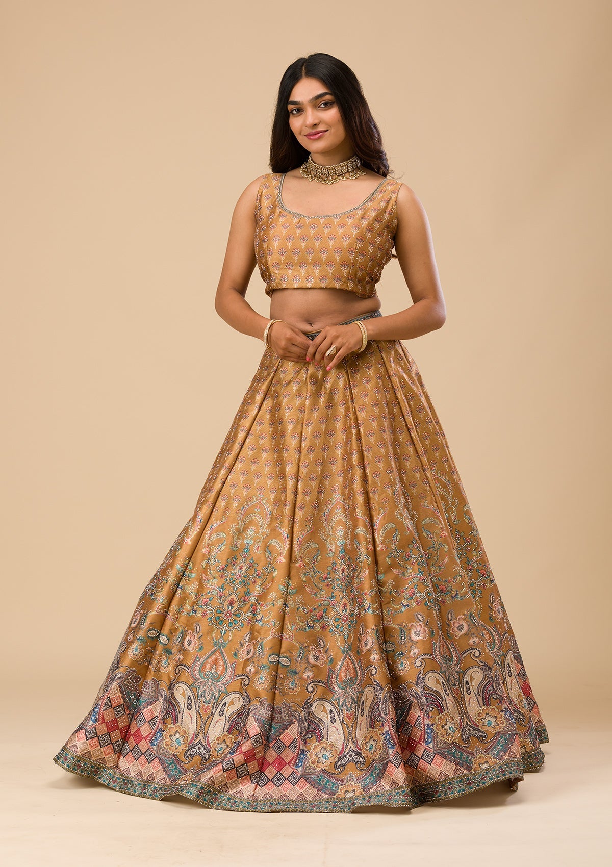 Mustard Swarovski Raw Silk Readymade Lehenga-Koskii