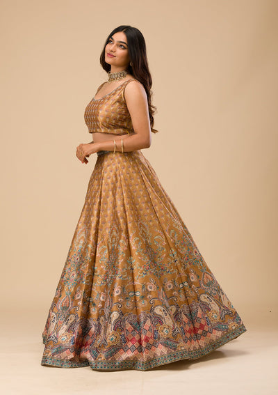 Mustard Swarovski Raw Silk Readymade Lehenga-Koskii