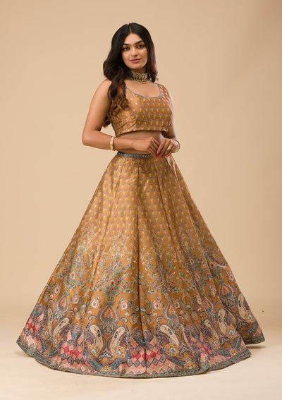 Mustard Swarovski Raw Silk Readymade Lehenga-Koskii