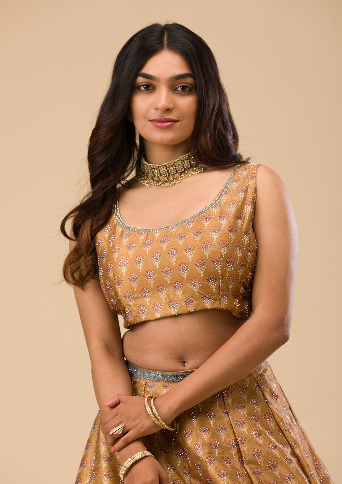 Mustard Swarovski Raw Silk Readymade Lehenga-Koskii