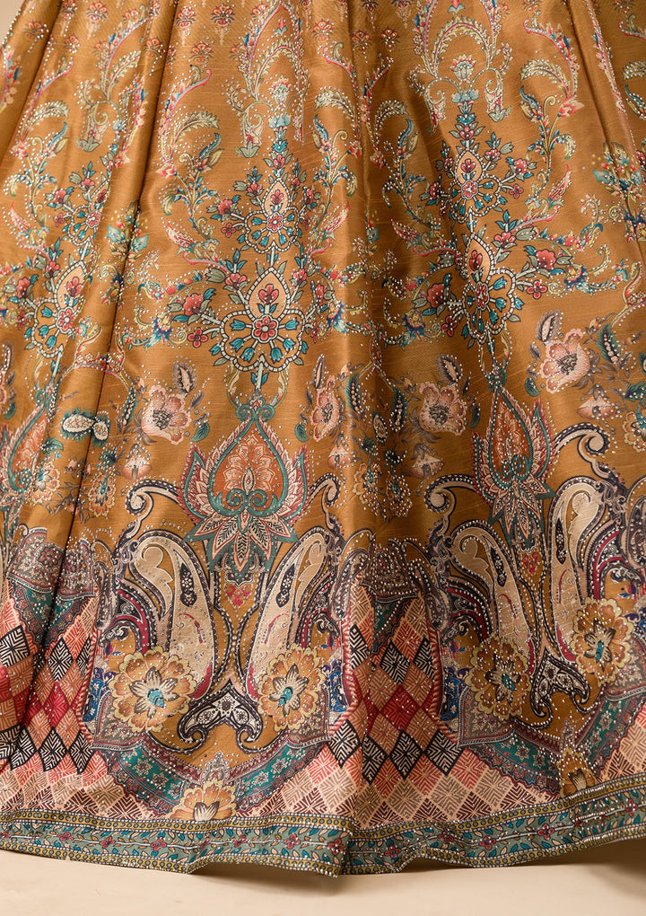 Mustard Swarovski Raw Silk Readymade Lehenga-Koskii