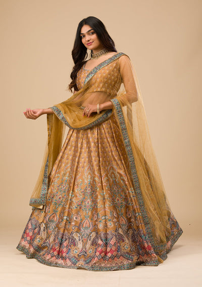 Mustard Swarovski Raw Silk Readymade Lehenga-Koskii