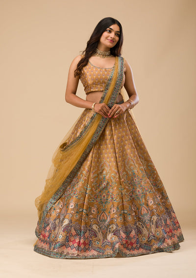 Mustard Swarovski Raw Silk Readymade Lehenga-Koskii