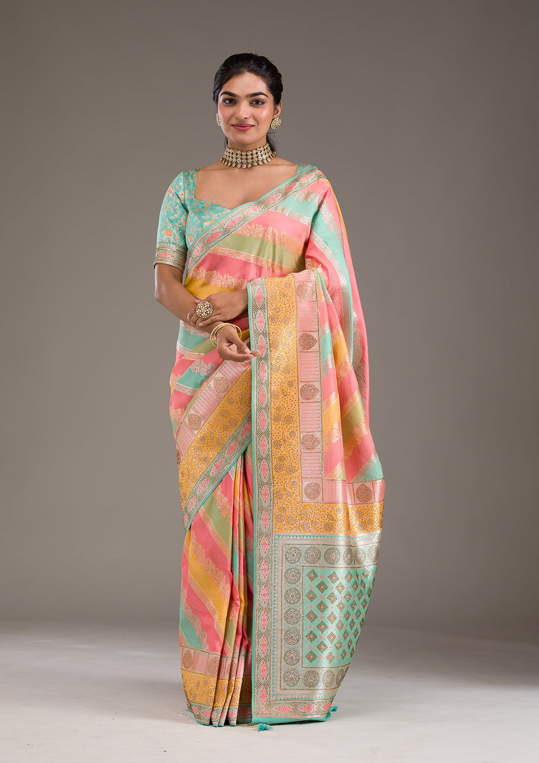 Mustard Swarovski Raw Silk Saree-Koskii