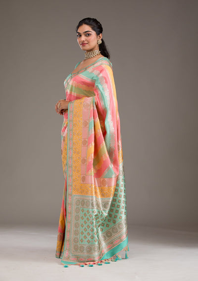 Mustard Swarovski Raw Silk Saree-Koskii