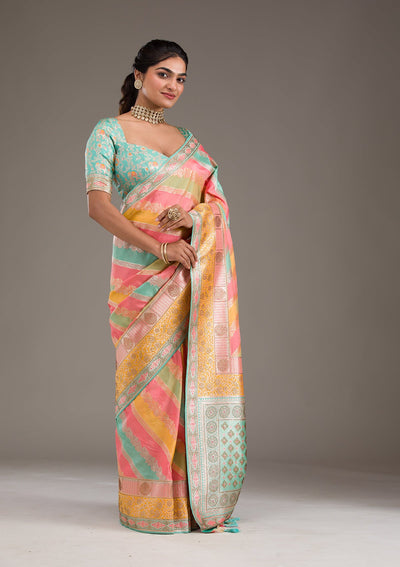 Mustard Swarovski Raw Silk Saree-Koskii