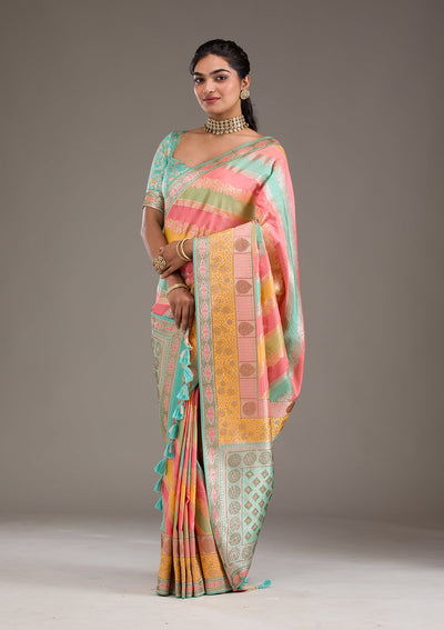 Mustard Swarovski Raw Silk Saree-Koskii