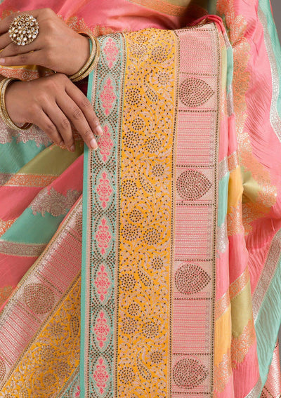 Mustard Swarovski Raw Silk Saree-Koskii