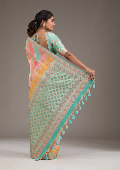 Mustard Swarovski Raw Silk Saree-Koskii