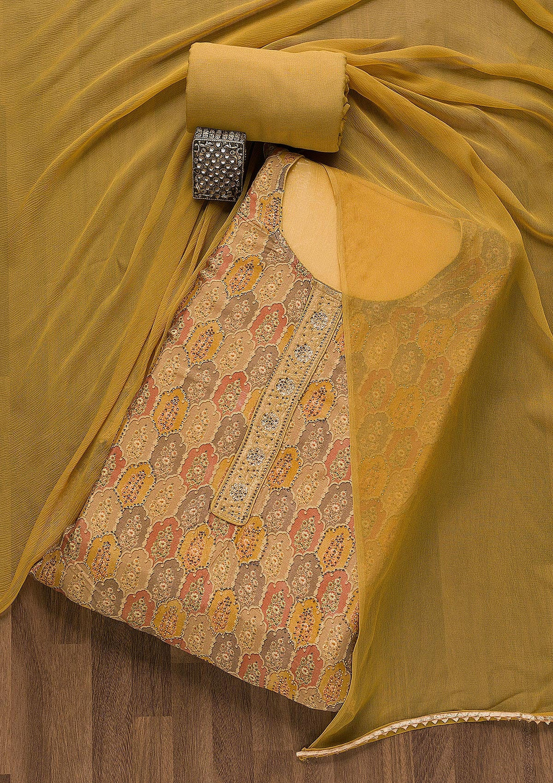 Mustard Swarovski Semi Crepe Unstitched Salwar Suit-Koskii