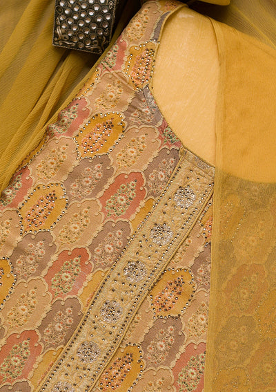 Mustard Swarovski Semi Crepe Unstitched Salwar Suit-Koskii