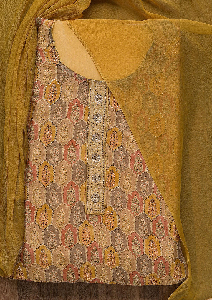 Mustard Swarovski Semi Crepe Unstitched Salwar Suit-Koskii