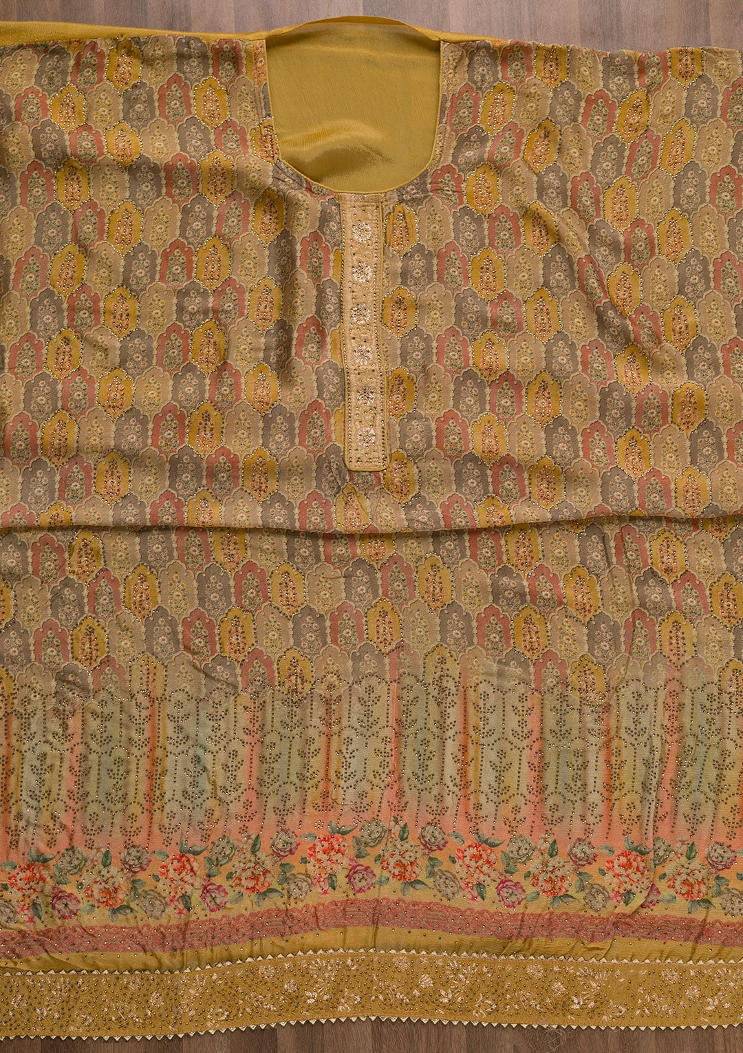 Mustard Swarovski Semi Crepe Unstitched Salwar Suit-Koskii