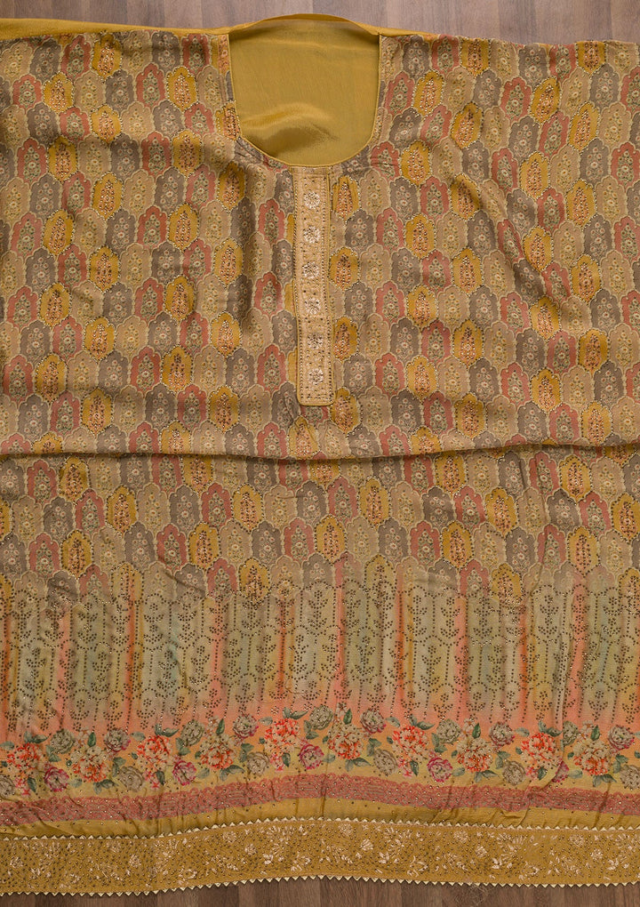 Mustard Swarovski Semi Crepe Unstitched Salwar Suit-Koskii