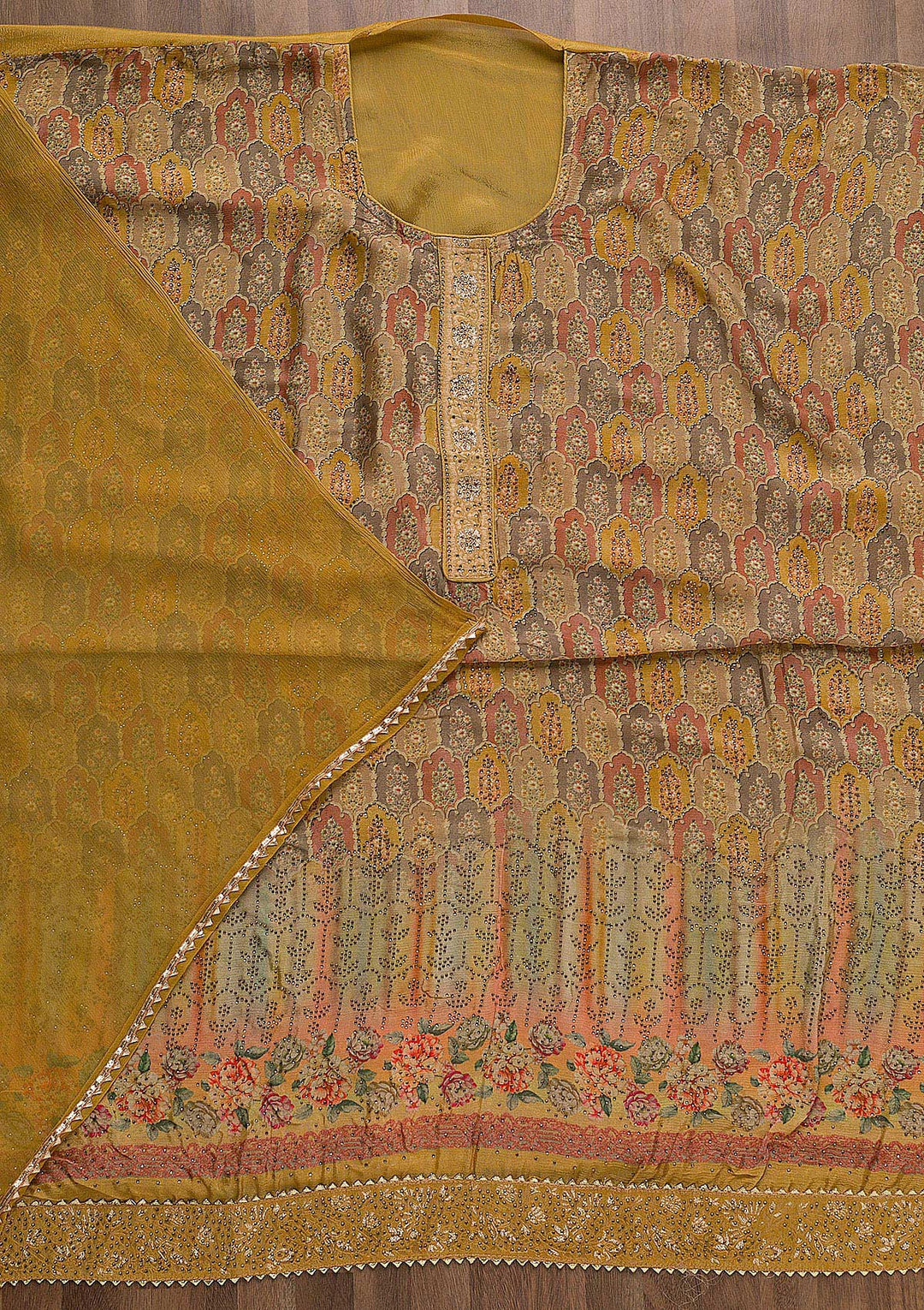 Mustard Swarovski Semi Crepe Unstitched Salwar Suit-Koskii