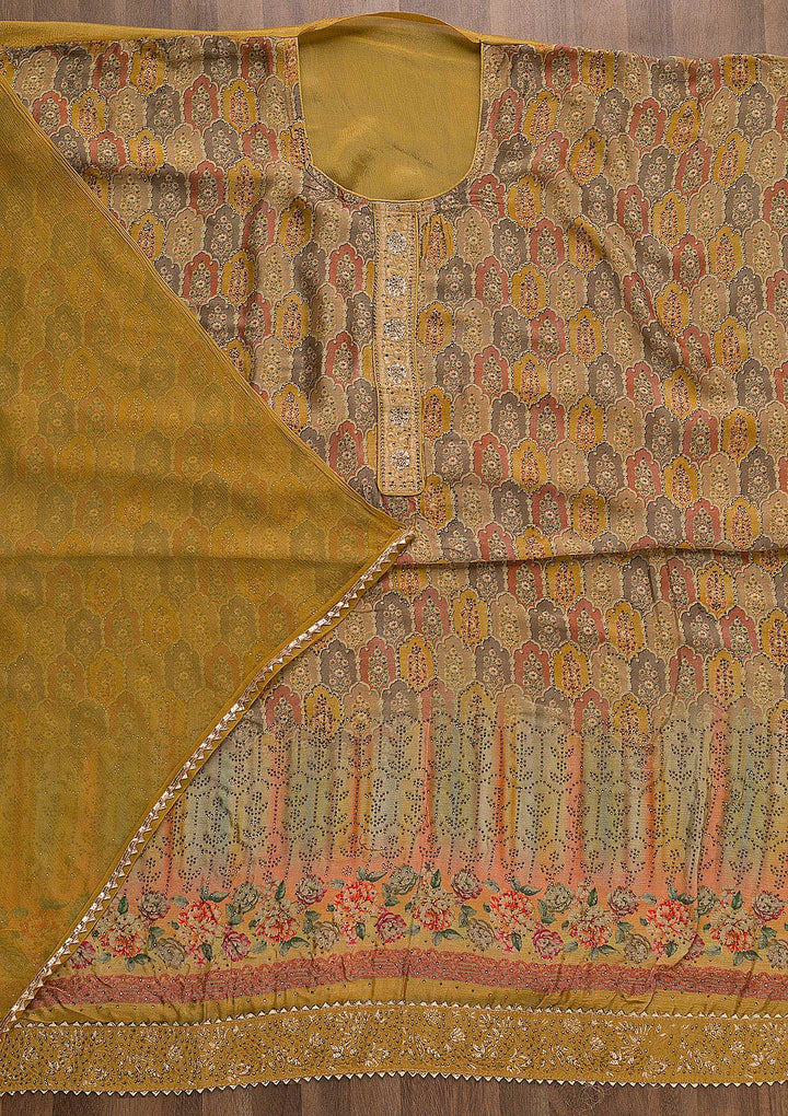 Mustard Swarovski Semi Crepe Unstitched Salwar Suit-Koskii