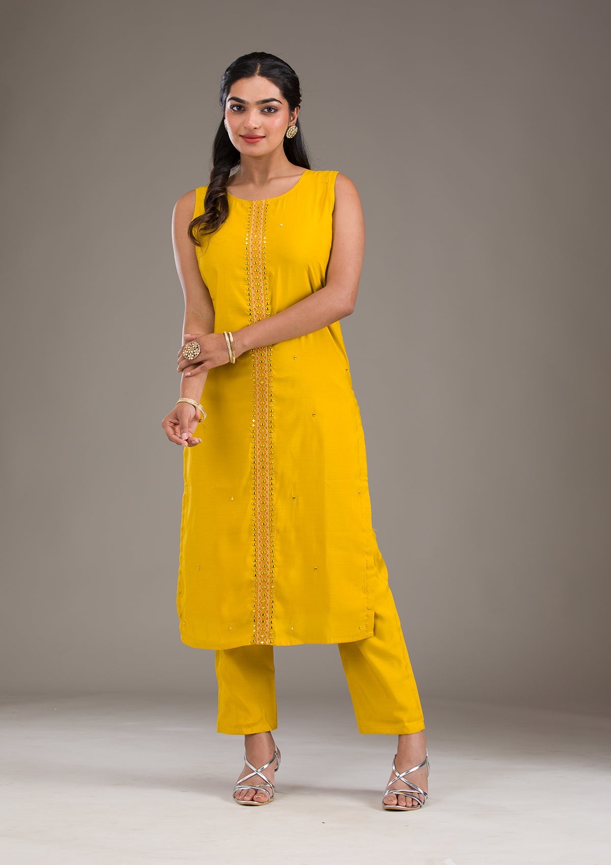 Mustard Threadwork Art Silk Readymade Salwar Suit-Koskii