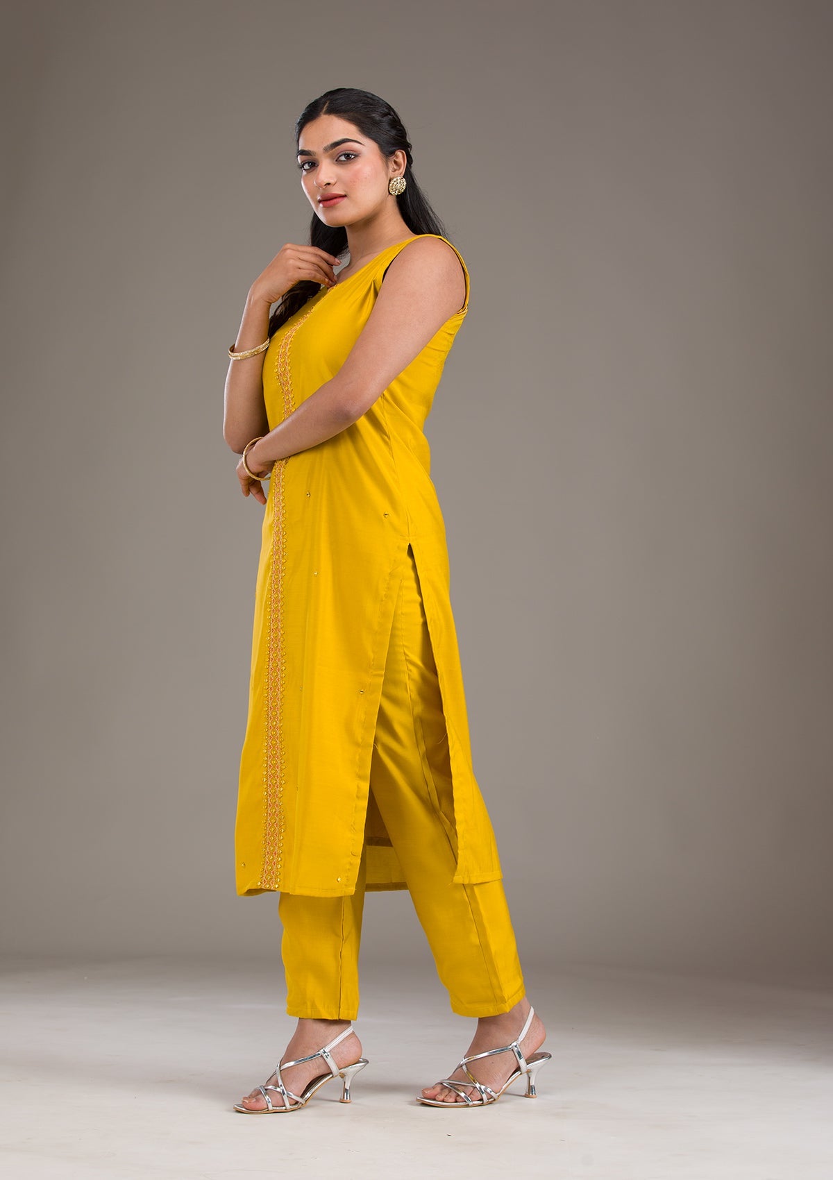 Mustard Threadwork Art Silk Readymade Salwar Suit-Koskii