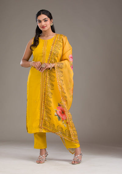 Mustard Threadwork Art Silk Readymade Salwar Suit-Koskii