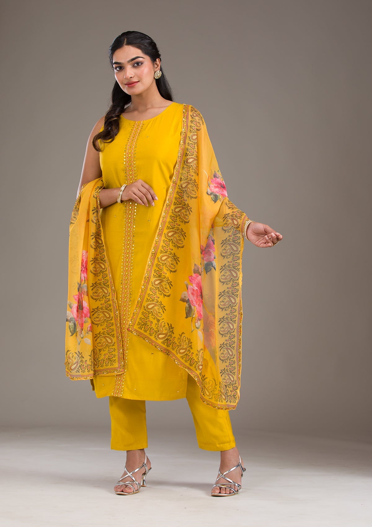 Mustard Threadwork Art Silk Readymade Salwar Suit-Koskii