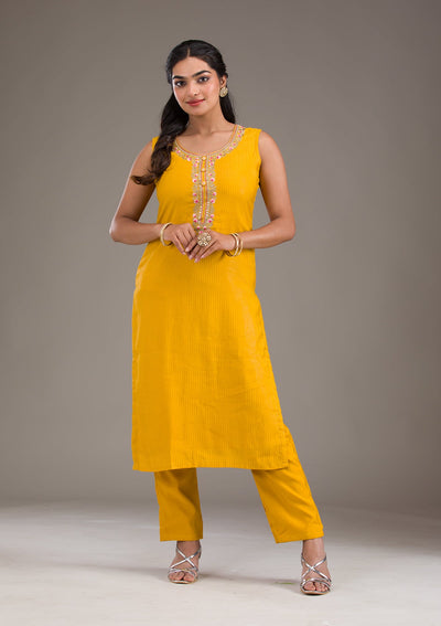 Mustard Threadwork Art Silk Readymade Salwar Suit-Koskii