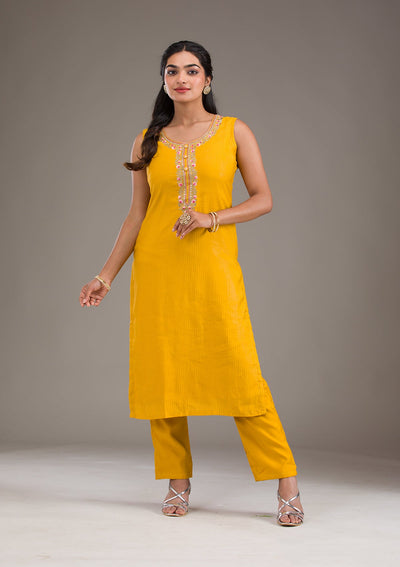 Mustard Threadwork Art Silk Readymade Salwar Suit-Koskii