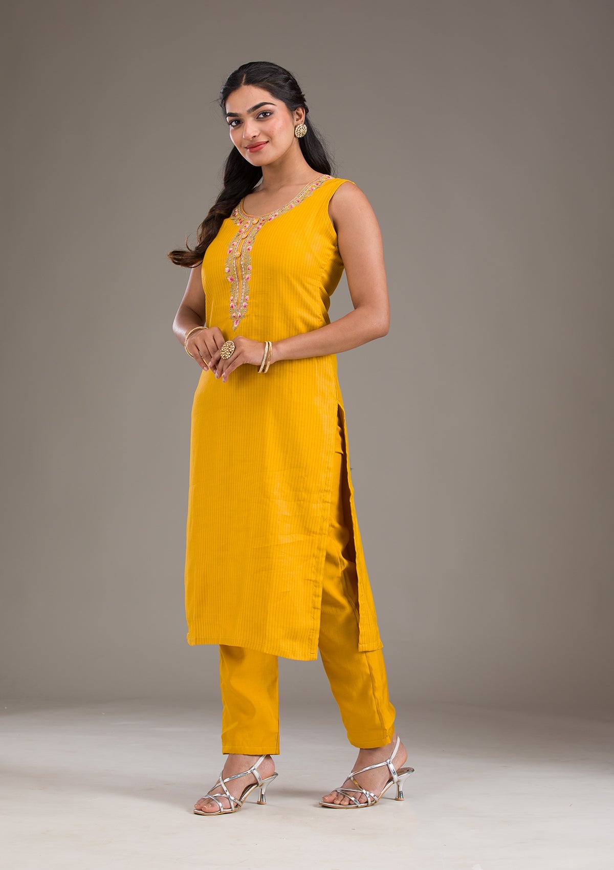 Mustard Threadwork Art Silk Readymade Salwar Suit-Koskii