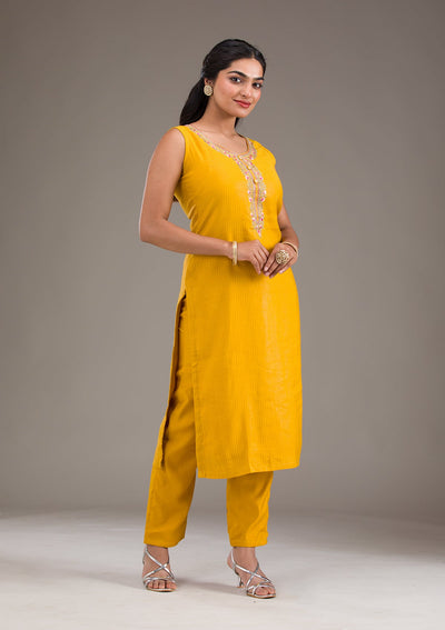 Mustard Threadwork Art Silk Readymade Salwar Suit-Koskii