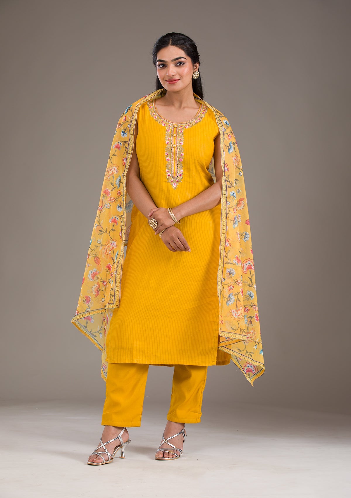 Mustard Threadwork Art Silk Readymade Salwar Suit-Koskii