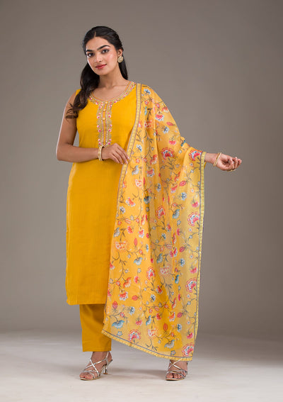 Mustard Threadwork Art Silk Readymade Salwar Suit-Koskii