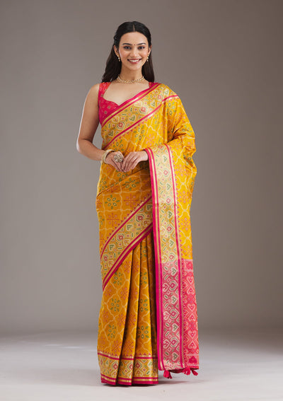 Mustard Threadwork Art Silk Saree-Koskii