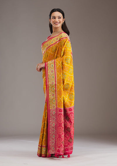 Mustard Threadwork Art Silk Saree-Koskii