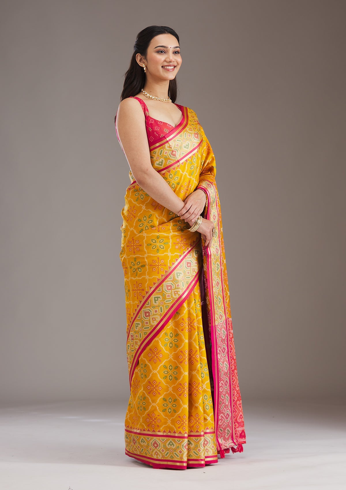 Mustard Threadwork Art Silk Saree-Koskii