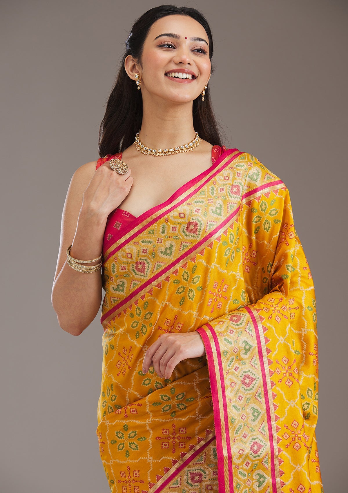 Mustard Threadwork Art Silk Saree-Koskii