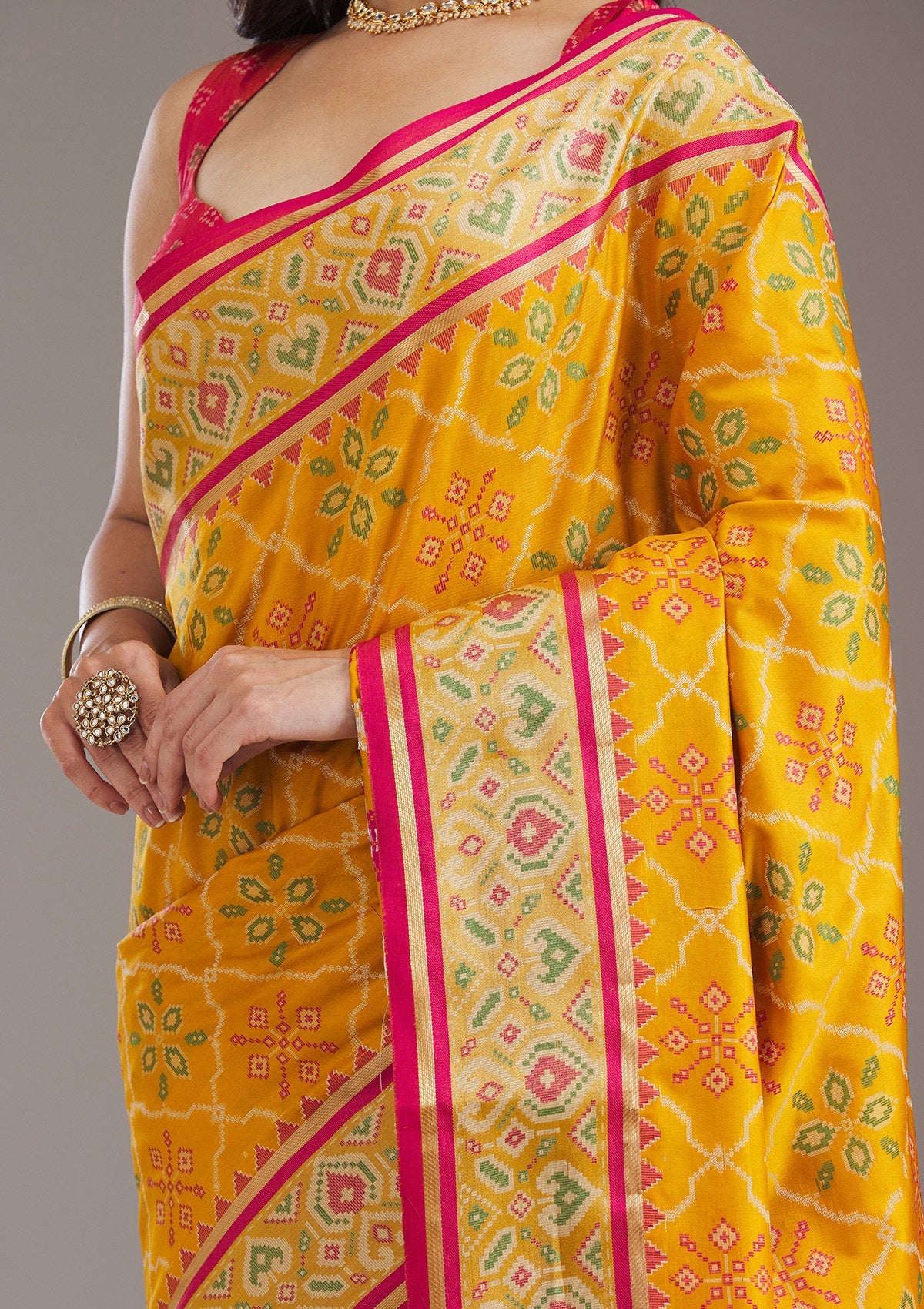 Mustard Threadwork Art Silk Saree-Koskii