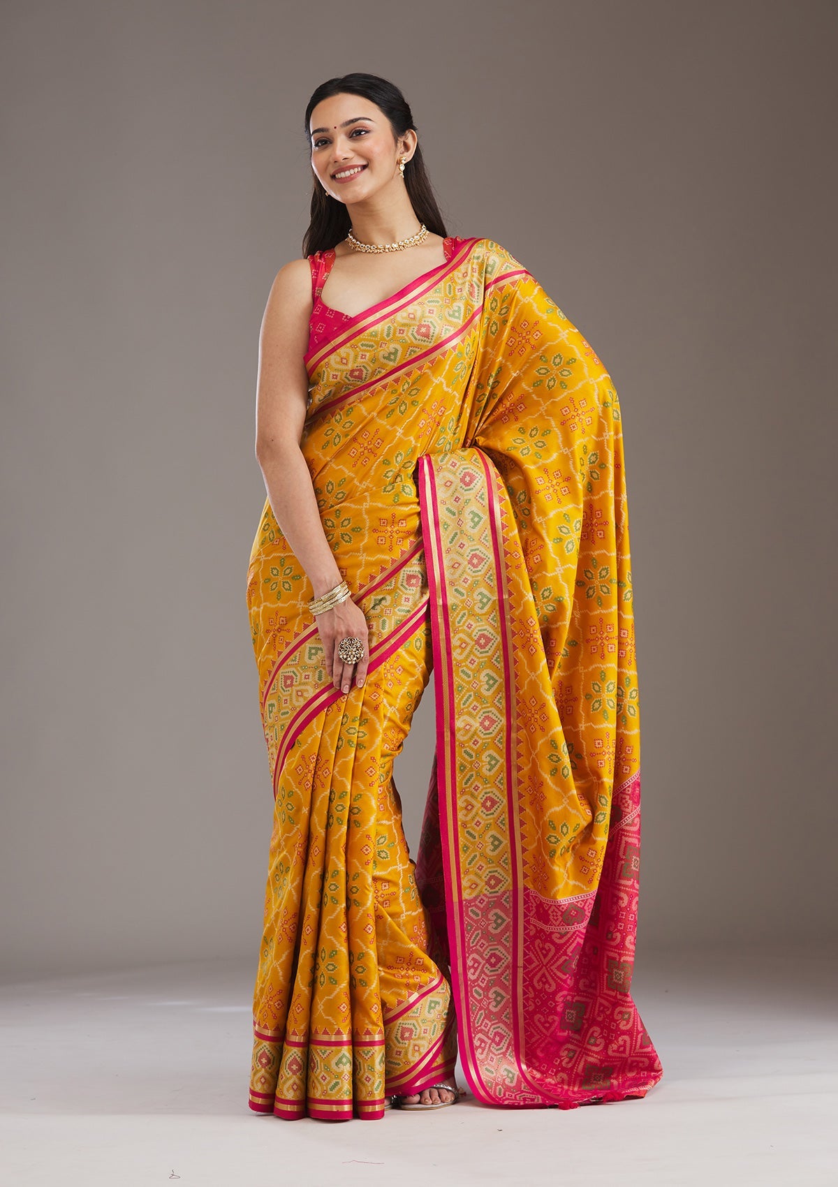 Mustard Threadwork Art Silk Saree-Koskii