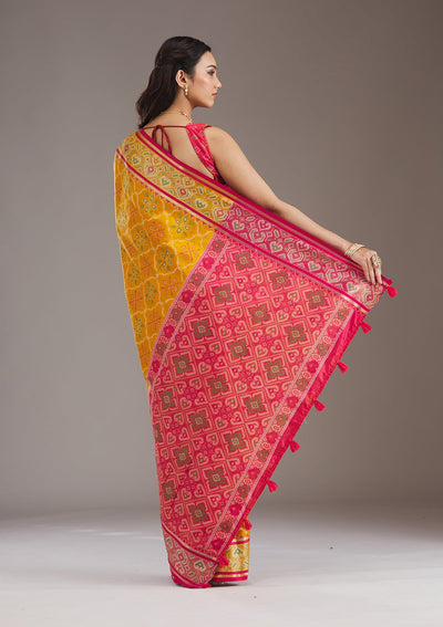 Mustard Threadwork Art Silk Saree-Koskii