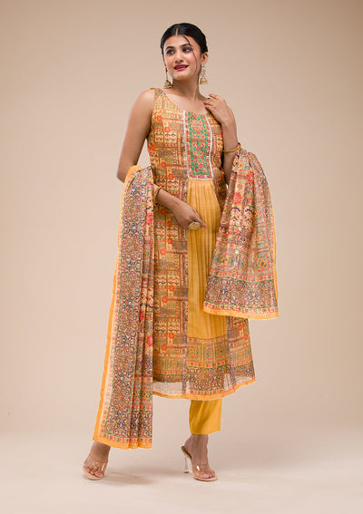 Mustard Threadwork Chanderi Readymade Salwar Suit-Koskii
